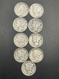 9 Mercury Dimes 1936, 1942-D, 1942-S, 1943, 1943-D, 1944-s, 1945, 1945-D, 1945-S