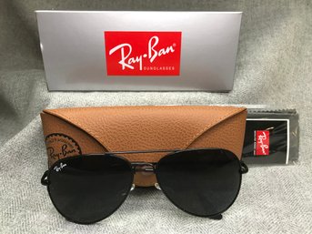 Brand New RAY BAN / RAYBAN Aviator Sunglasses - With Box, Case, Booklet & Polish Cloth - Black Frame & Lenses