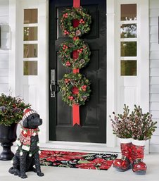 5 Ft GRANDIN  ROAD Holly And Berry 3 Wreaths On Ribbon