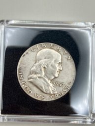 Beautiful 1957 Benjamin Franklin Silver Half Dollar In Plastic Case