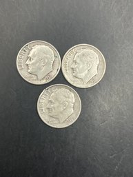 3 Roosevelt Silver Dimes 1951, 1951-D, 1951-S