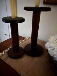 Pair Of Wooden Textile Spool Candleholders