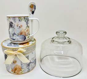 New In Box Cat Mug With Spoon & Glass Cloche Dome From Fishs Eddy