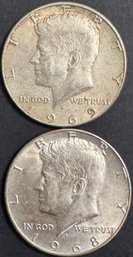 2 Kennedy Forty Percent Silver Half Dollars 1969-D, 1968-D