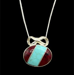 Beautiful Mexican Sterling Silver Turquoise And Red Inlay Heavy Pendant Necklace