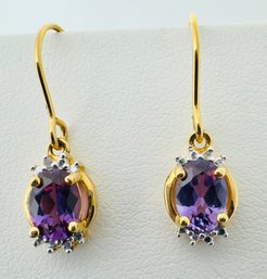SIGNED PAJ GOLD OVER STERLING SILVER PINK SAPPHIRE DIAMOND ACCENT DANGLE EARRINGS