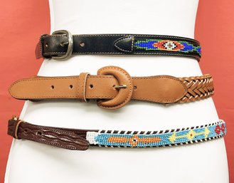 Three Leather Belts- Two Beaded, One By Hand & Tan Braided- Size 32 & 36