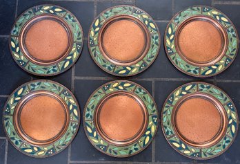 Set Of Six Decorative Copper Plates With Enameled Floral Design