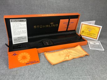 Fantastic Brand New $395 STUHRLING Mens Square Watch - Oversized - Black & Orange With Black Leather Strap