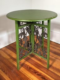 Lovely Vintage Green Tea Table With Hand Made Wrought Iron Details On The Base - Folds Up When Not In Use
