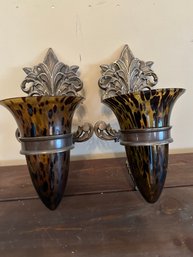 Nice Pair Of Tortoise Glass Wall Sconces On Metal Bases