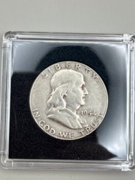 Beautiful 1954-S Benjamin Franklin Silver Half Dollar In Plastic Case