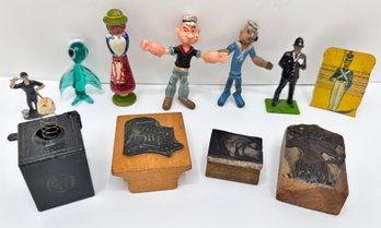 Antique Miniature Figurines: Popeye, Soldiers, Jack In The Box & Vintage Rubber Stamps (11 Pieces)