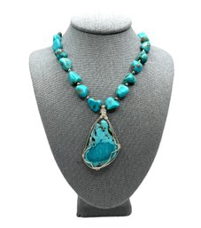 Exquisite Native American Navajo Turquoise And Sterling Silver Wrapped Pendant Necklace