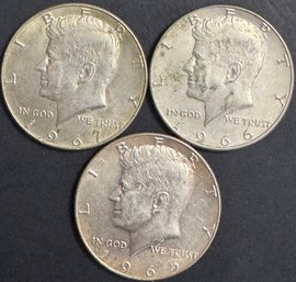 3 Kennedy Forty Percent Silver Half Dollars 1965, 1966, 1967