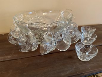 Grape Pattern Punch Bowl With 12 Cups And Ladle