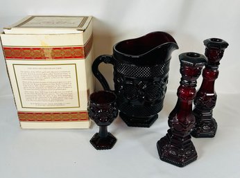Lot Of Avon 1876 Cape Cod Collection - Pitcher, Cup, 2 Candlesticks Without Cologne