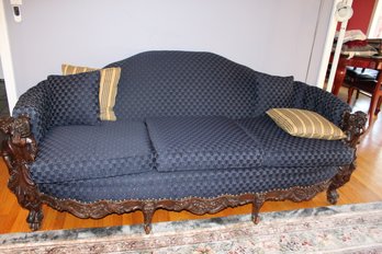Antique Carved Mahogany Blue Couch
