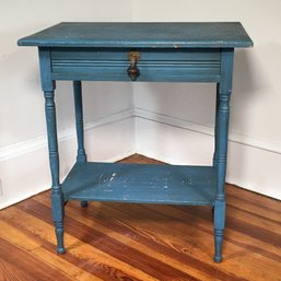 Fantastic Antique Country One Drawer Side Table With Amazing Old Dry Washington Blue Paint With Drop Pull