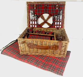 Wicker Picnic Basket With Glasses, Plates, Blanket, Utensils & Insulated Container