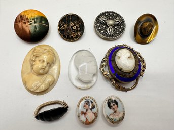 10 Antique Cameos, Button Clips, Lapel Clips & Buttons