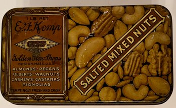 Vintage E F Kemp Salted Mixed Nuts Tin Litho - Golden Glow Shops Boston MA - 6 X 3.5 X 3 H- Hinged Lid- Empty