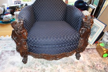 Antique Carved Mahogany Blue Chair 38x33x34 In