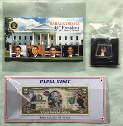 Lot Of 3 Barack Obama Limited Presidential Election Items Including $2 Bill, Pin & Stamps