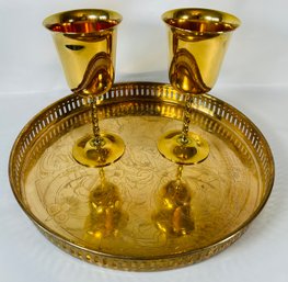 Pair Of Twisted Stem Brass Goblets On A Brass Tray