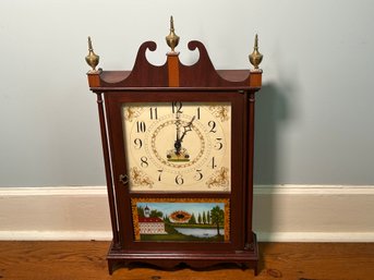 Vintage American Mahogany Pillar And Scroll Reverse Painted Mantel Clock