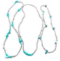 Lot Of 3 Southwestern Style Shiny Silver And Turquoise Color Beaded Necklace