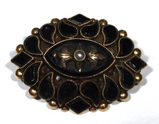 Victorian Gold Filled Mourning Brooch Inlaid Black Onyx Seed Pearls
