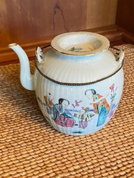 Hand Painted Chinese Porcelain Teapot 4.5in Ribbed Twisted Metal Handles No Chips Interesting Piece