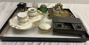 Lot Of Nice Inkwells In Metal, Brass, And Porcelain