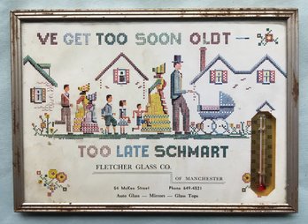 Vintage Fletcher Glass Co Manchester CT Conn. Faux Needlepoint Thermometer 1966 Calendar Advertisement