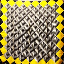 Vintage Silk Scarf Black And White And Yellow Geometric Design