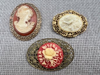 Three Lovely Cameo Type Brooches