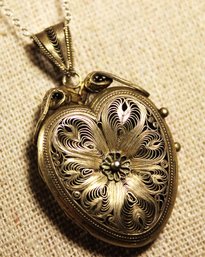 Very Fine Early Victorian Sterling Silver Heart Shaped Locket  W Sterling Chain