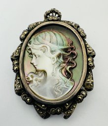 STUNNING STERLING SILVER & MARCASITE MOTHER OF PEARL CAMEO PENDANT