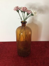 Large Amber Glass Bottle With Porcelain Flowers