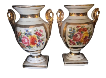 Pair Of Vintage French Gilded Urn Vases With Bright Floral Pattern