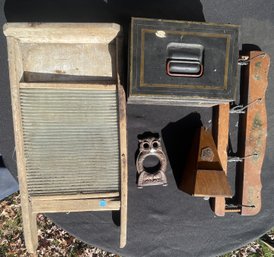 VINTAGE WASHBOARD, COAT RACK, TOLL BOX, ETC.