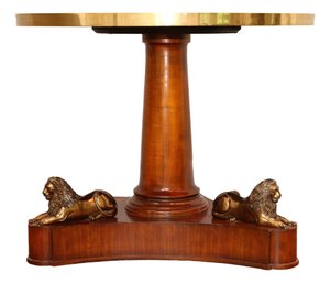 Maitland Smith Neoclassic Round Marbleized Black Top Pedestal Table With Brass Trimming & Sitting Lions $4000