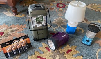 Survival Lot: Three (3) Battery Powered Lamps And One (1) Huge Flashlight  Unopened Pack Of D Batteries