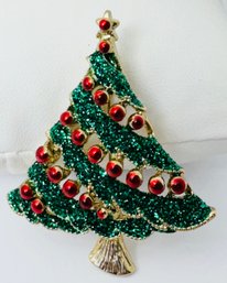 GREEN GLITTER AND RED ORNAMENT GOLD-TONE CHRISTMAS TREE BROOCH