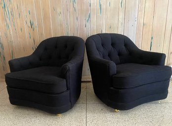 A Pair Of MCM Tufted Black Club Chairs On Casters