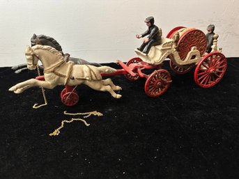 Vintage Cast Iron Two Horse Horse Drawn Fire Hose Reel Wagon Toy