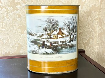 A Currier And Ives Applique Wastebasket - Metal - Lovely