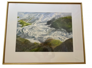 Original Watercolor 'Green - Outfall At Tod's Point, 2000' By Karen Heffner, Gold Wood Tone Frame