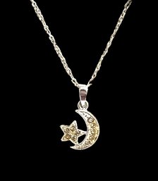 Pretty Italian Sterling Silver Chain With Moon And Star Citron Stone Color Pendant